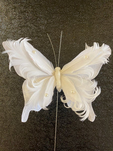 Removable Decoration -White Organza and Feather Butterfly with pearls   125mm