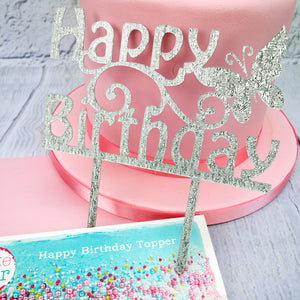 Cake Topper - Silver “happy birthday “ acrylic topper with butterfly