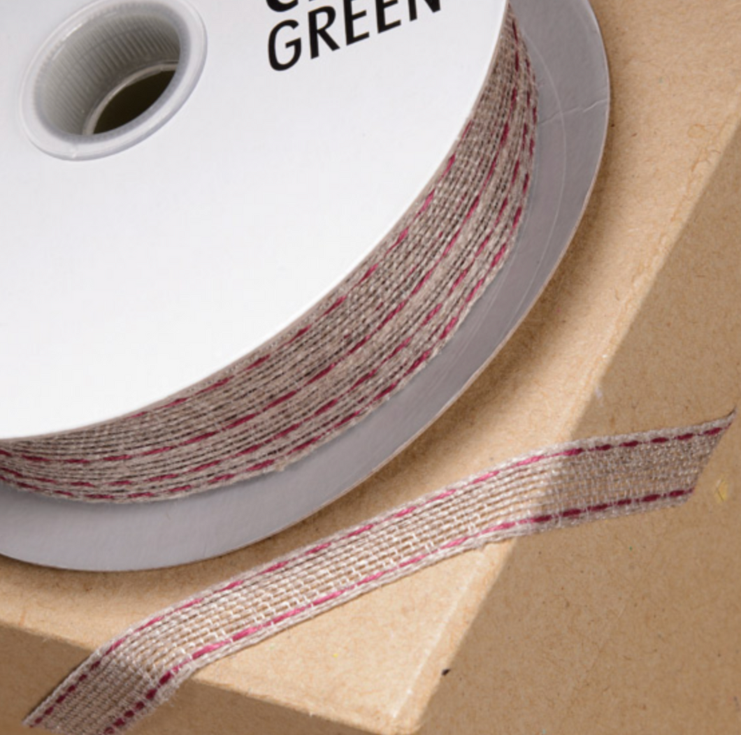 Ribbon - Hessian Ribbon Club Green with stitched edge Burgundy - 10mm  SOLD PER METRE