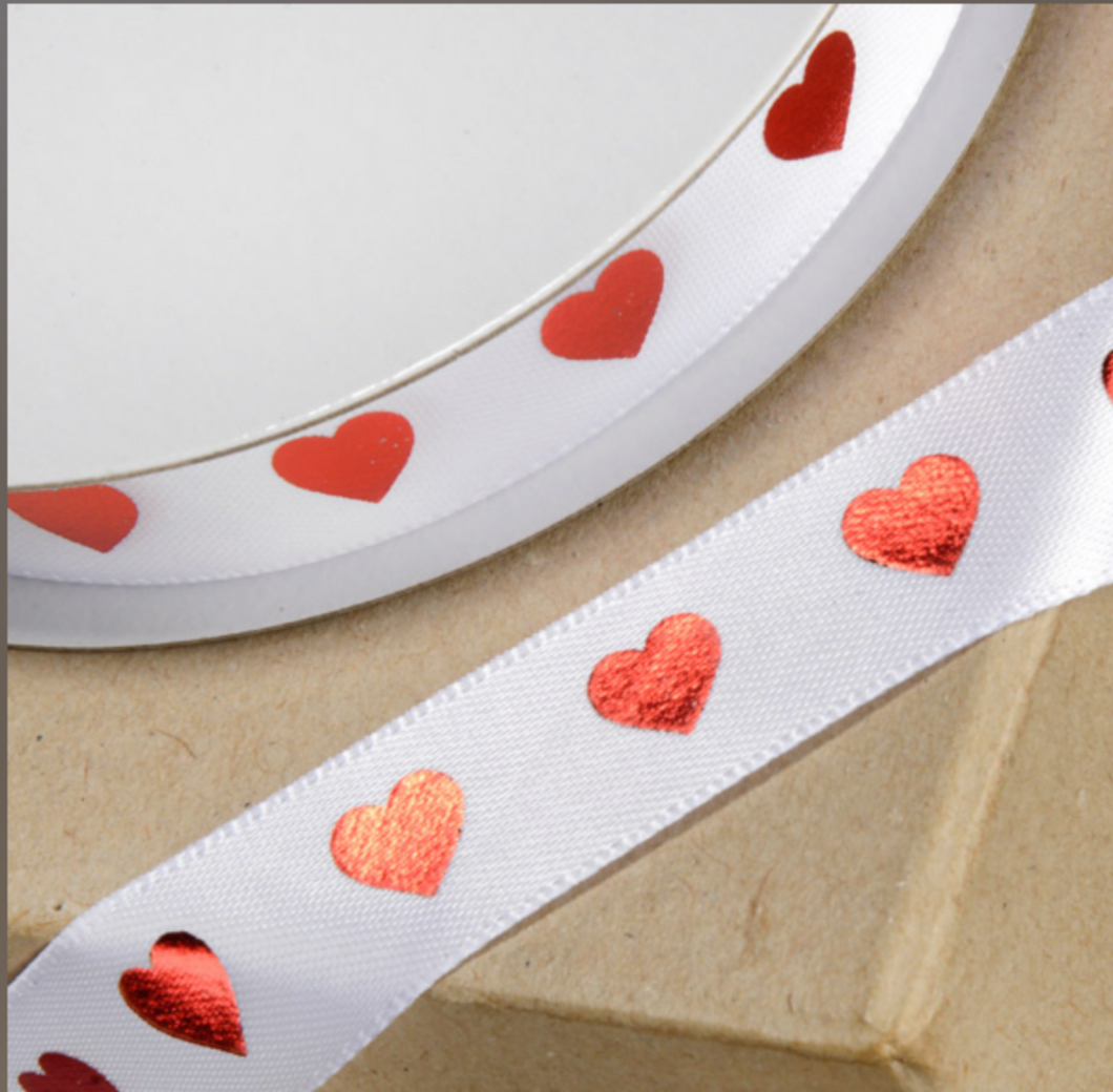 Ribbon - Red Hearts on White Ribbon - 15mm