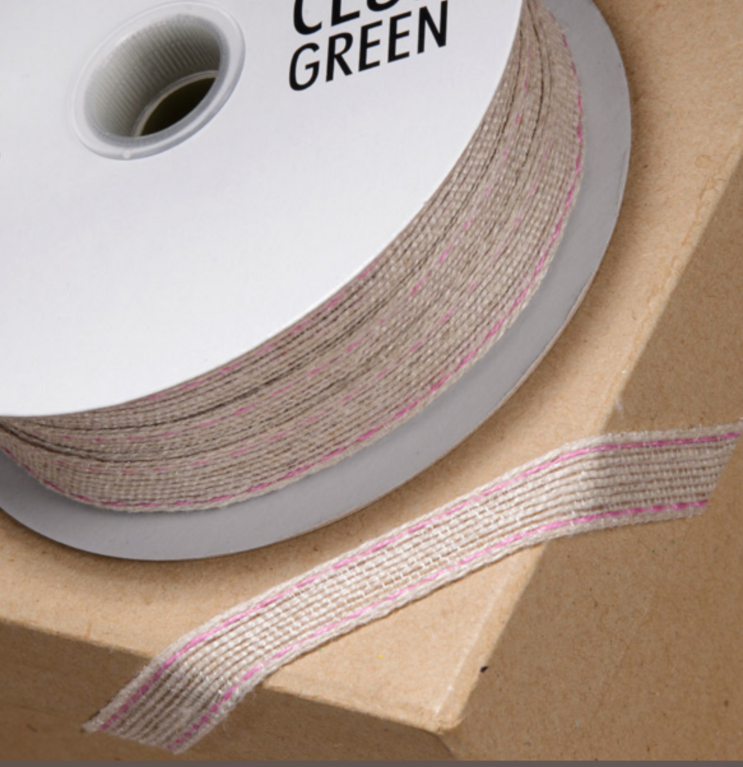 Ribbon - Hessian Ribbon with stitched PINK edge- 10mm  SOLD PER METRE