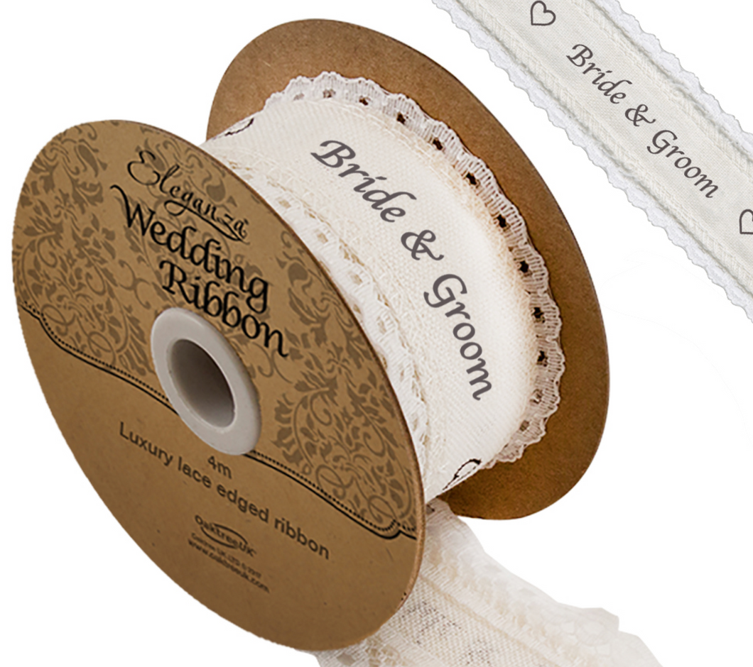 Ribbon - Eleganza Cotton Lace Edge Bride & Groom 38mm Ribbon