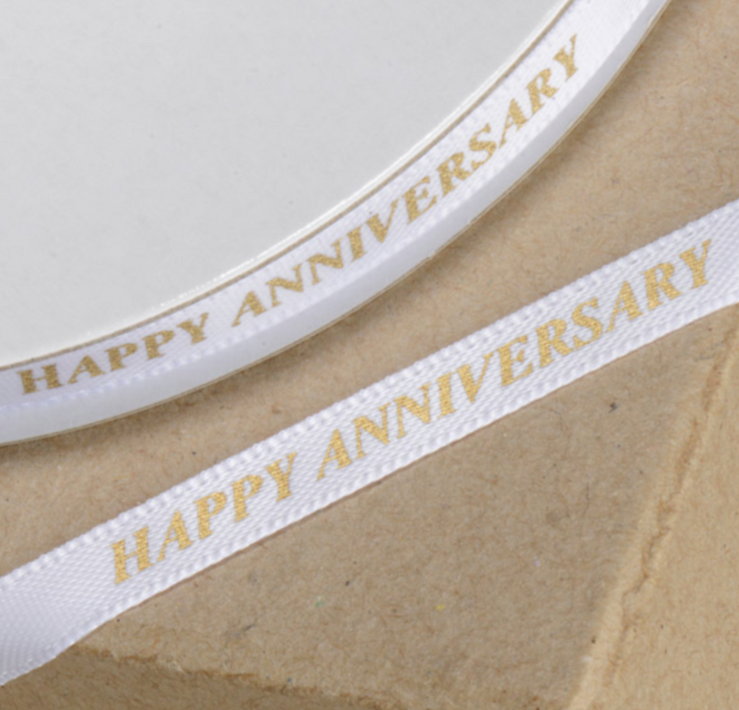 Ribbon - Happy Anniversary  Club Green white/Gold Ribbon 6mm