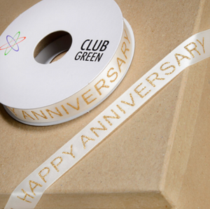 Ribbon - "Happy Anniversary" Club Green Ivory/GoldRibbon 15mm
